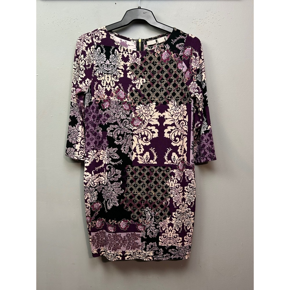 Chico's Dress Womens 0 Purple Travelers Patchwork Damask 3/4 Sleeve Shift Career